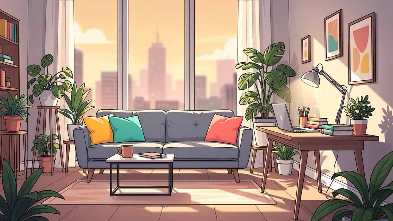Modern apartment interior with workspace and city view