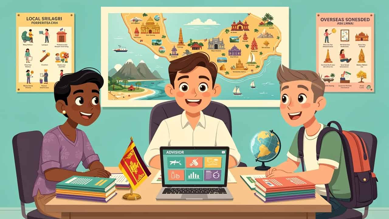 Cartoon advisor helping clients with Sri Lanka business registration