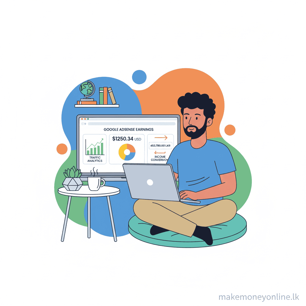 Blogging in Sri Lanka: Earn LKR 80,000+ Monthly (2026 Guide) Blogging income in Sri Lanka showing WordPress blog, Google AdSense earnings, and USD to LKR conversion