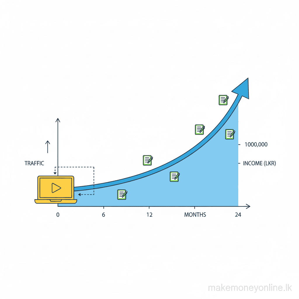 Blogging in Sri Lanka: Earn LKR 80,000+ Monthly (2026 Guide) Blogging income potential in Sri Lanka showing traffic growth to monthly LKR income chart over 24 months