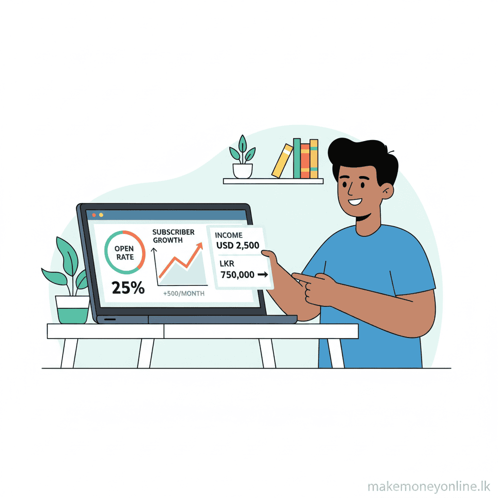 Email Marketing in Sri Lanka: Earn LKR 80,000+ Monthly (2026 Guide) Email marketing income from Sri Lanka showing email campaign dashboard, subscriber list, and USD to LKR conversion