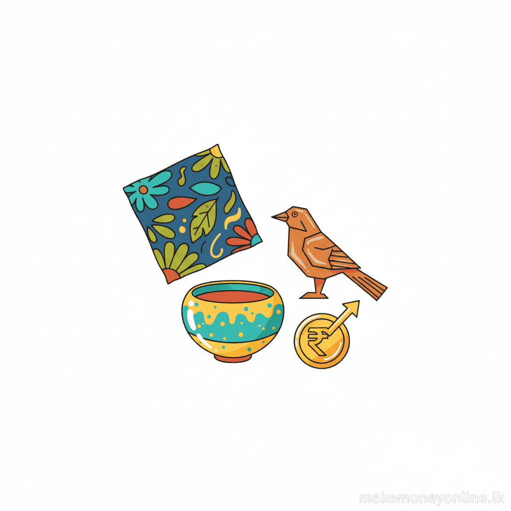 Handmade Crafts in Sri Lanka: Earn LKR 50,000+ Monthly (2026 Guide) Handmade crafts income in Sri Lanka showing batik, jewelry, and wooden crafts with LKR earnings