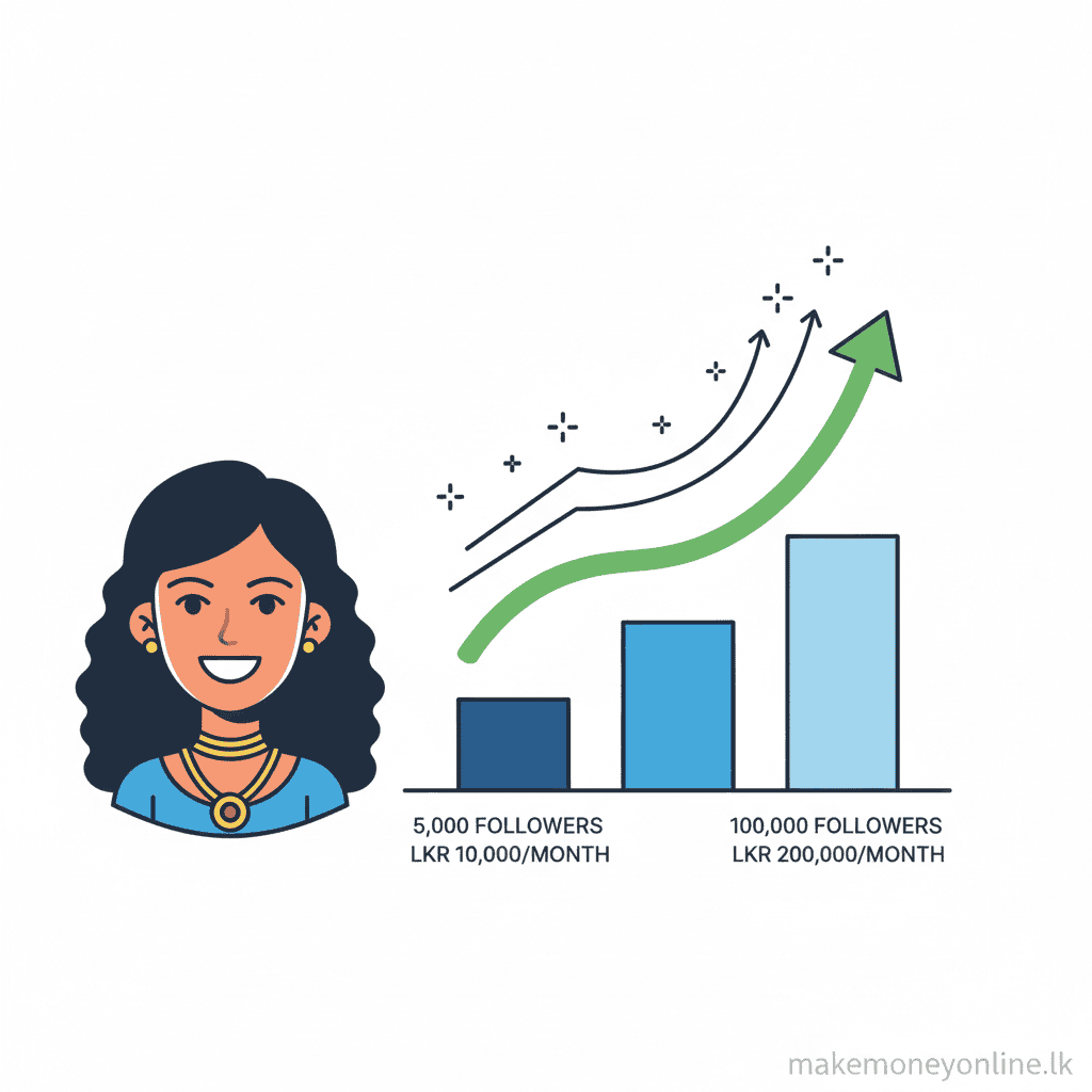 Influencing in Sri Lanka: Earn LKR 50,000+ Monthly (2026 Guide) Social media influencing income potential in Sri Lanka showing micro to macro influencer LKR income growth chart