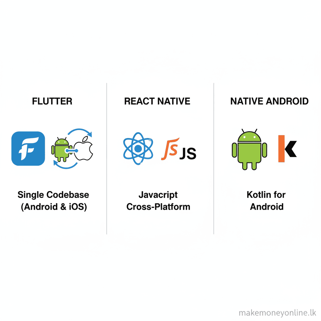 Mobile App Development in Sri Lanka: Earn LKR 150,000+ Monthly (2026 Guide) Mobile app development technology choices for Sri Lankan developers including Flutter, React Native, and native Android
