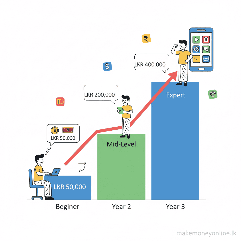 Mobile App Development in Sri Lanka: Earn LKR 150,000+ Monthly (2026 Guide) Mobile app development income potential in Sri Lanka showing beginner to expert LKR monthly income growth chart