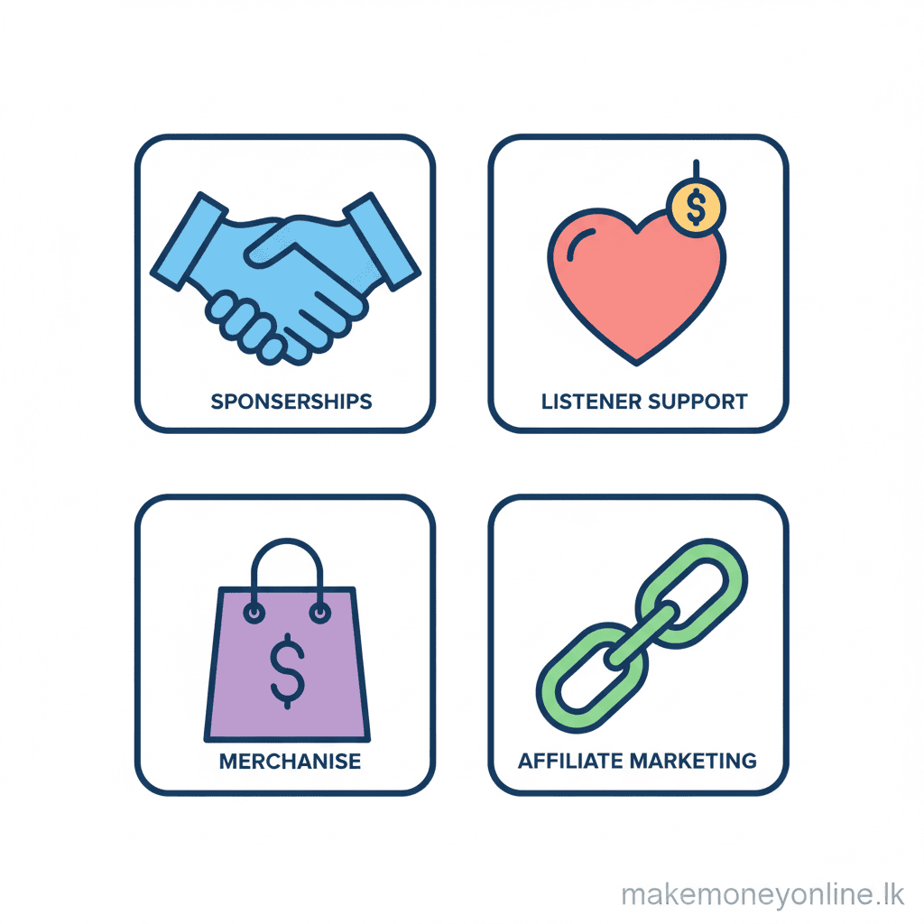 Podcasting in Sri Lanka: Earn LKR 50,000+ Monthly (2026 Guide) Podcast monetization methods including sponsorships, Patreon, affiliate marketing, and digital products
