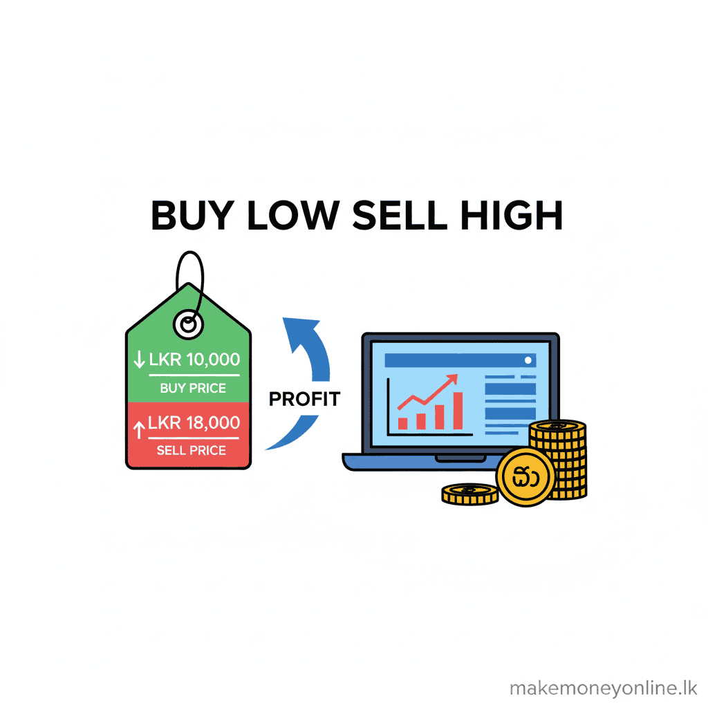 Reselling Goods in Sri Lanka: Earn LKR 50,000+ Monthly (2026 Guide) Reselling goods income in Sri Lanka showing buy low sell high process with LKR profit margins