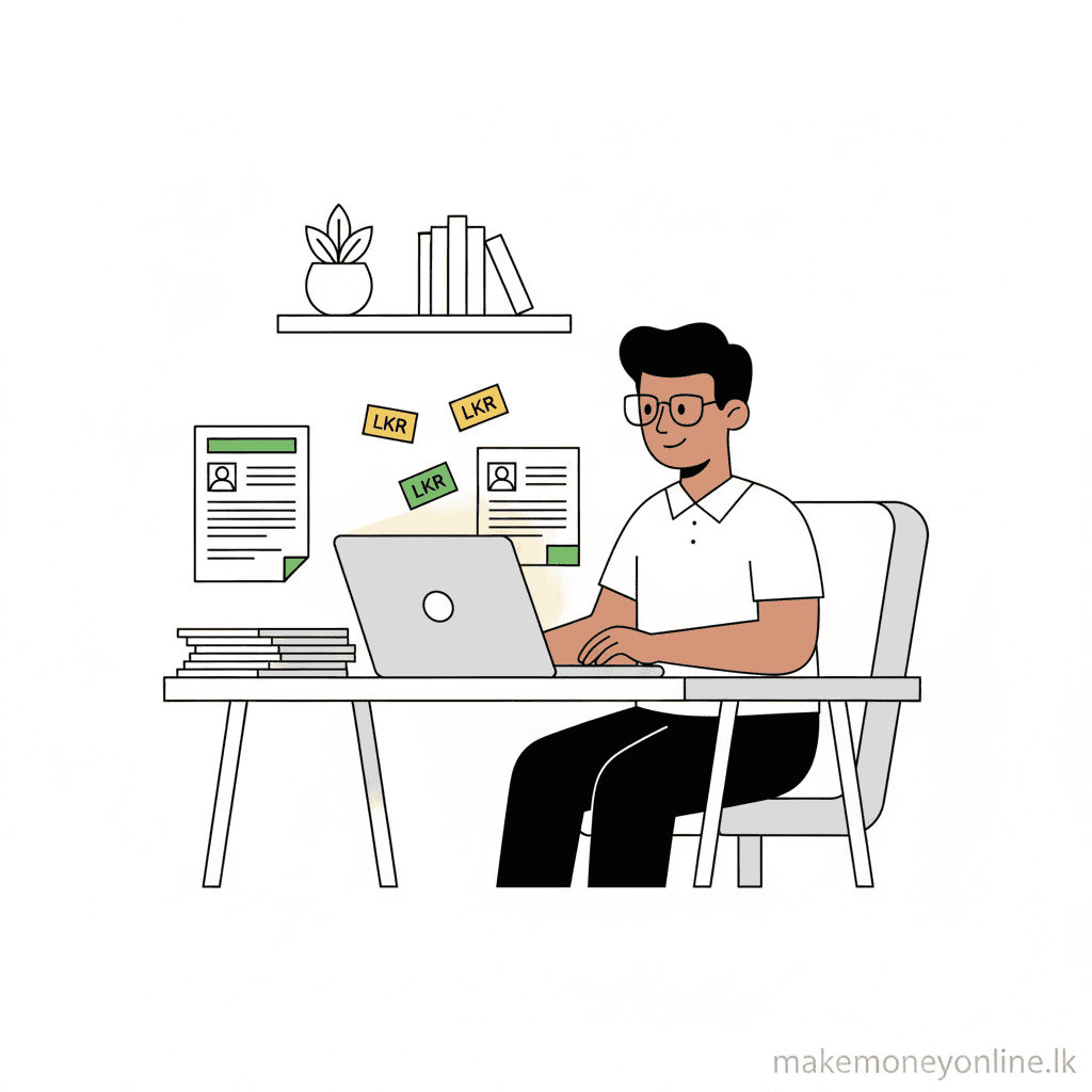 Resume Writing Services in Sri Lanka: Earn LKR 60,000+ Monthly (2026 Guide) Resume writing service from Sri Lanka showing CV documents, LKR income, and online platforms like Upwork and Fiverr
