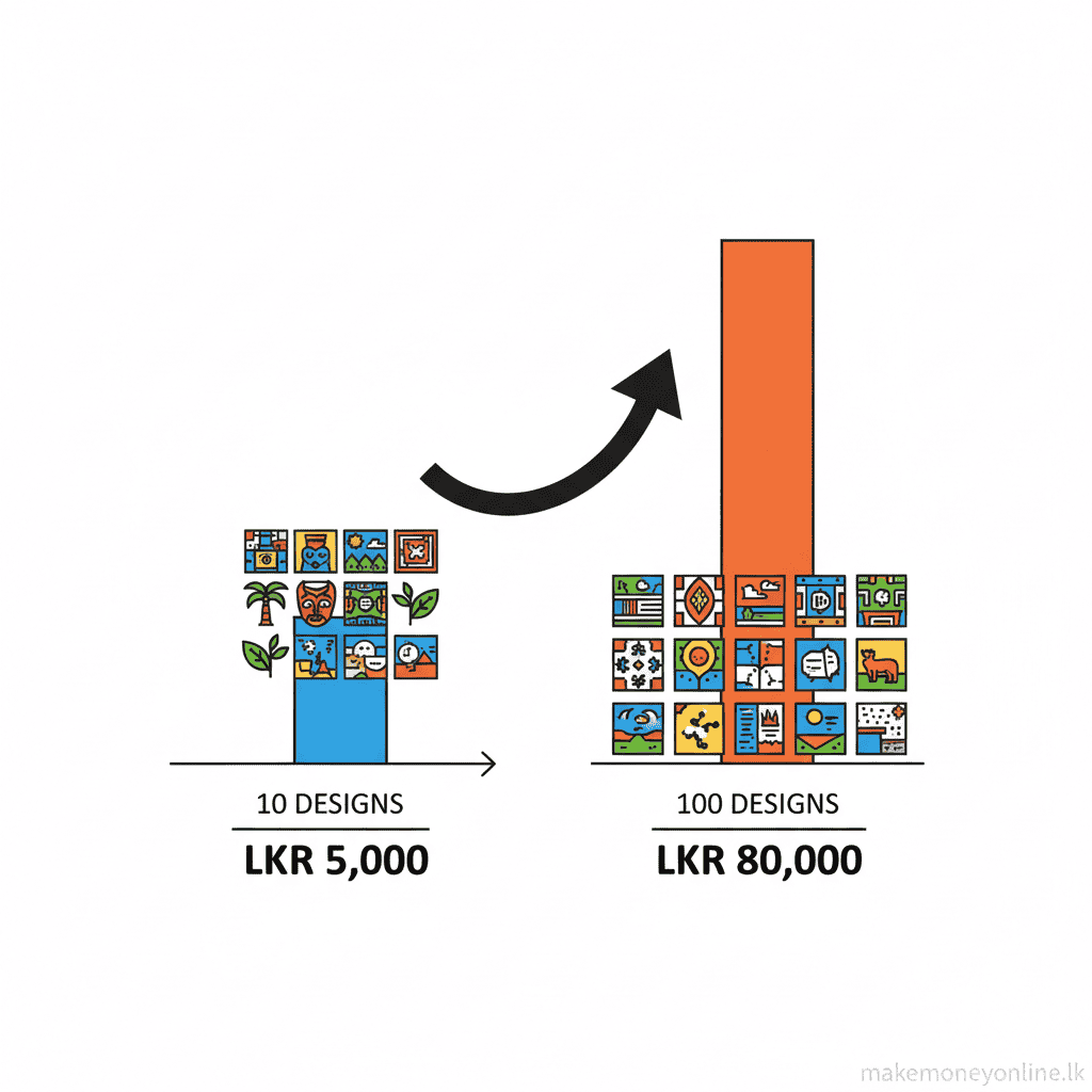 Selling Digital Art in Sri Lanka: Earn LKR 60,000+ Monthly (2026 Guide) Digital art selling income potential in Sri Lanka showing design count to monthly LKR income growth chart