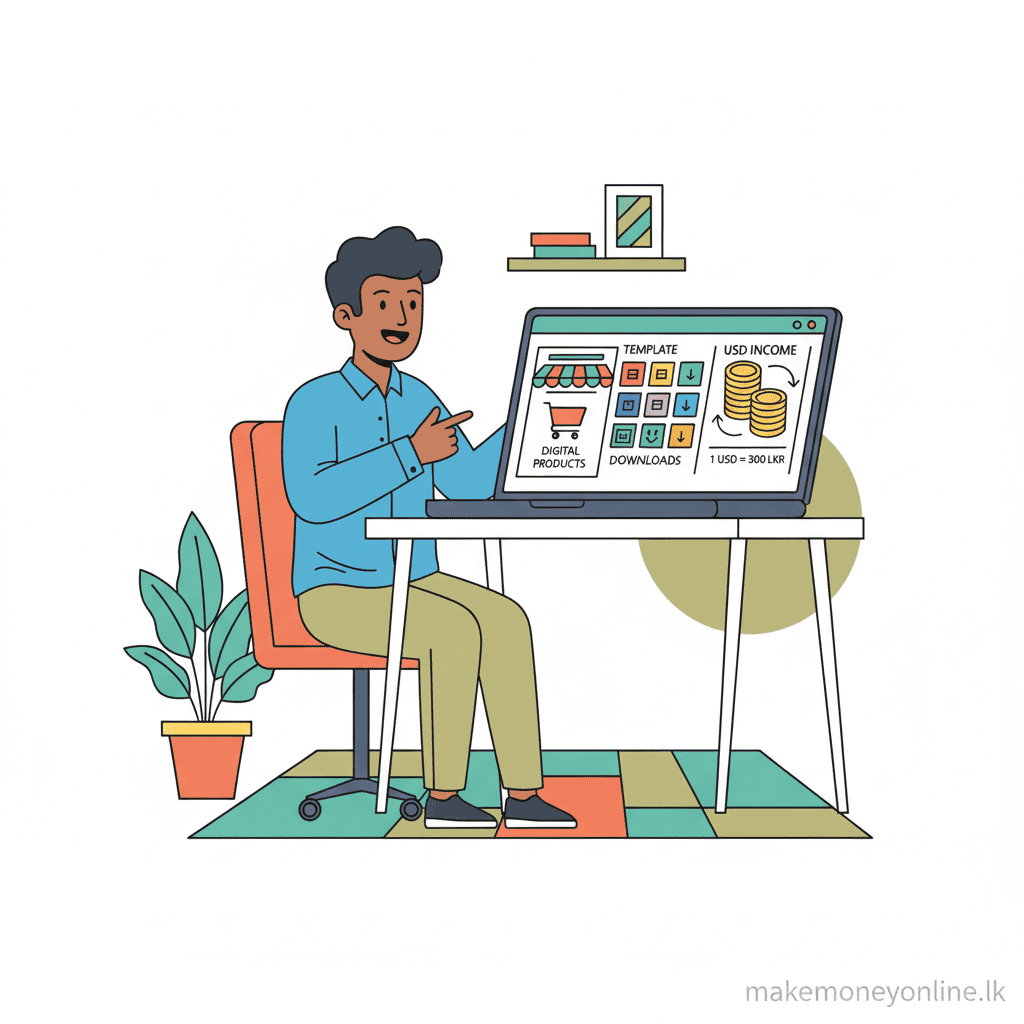 Selling Digital Products in Sri Lanka: Earn LKR 80,000+ Monthly (2026 Guide) Selling digital products income from Sri Lanka showing template downloads, Etsy store, and USD to LKR conversion