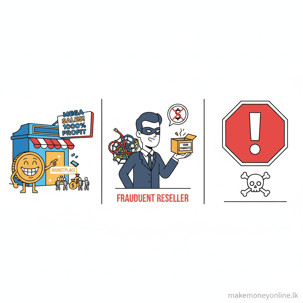 Selling Digital Products in Sri Lanka: Earn LKR 80,000+ Monthly (2026 Guide) Digital product selling scam warning signs including fake marketplaces and fraudulent reseller schemes