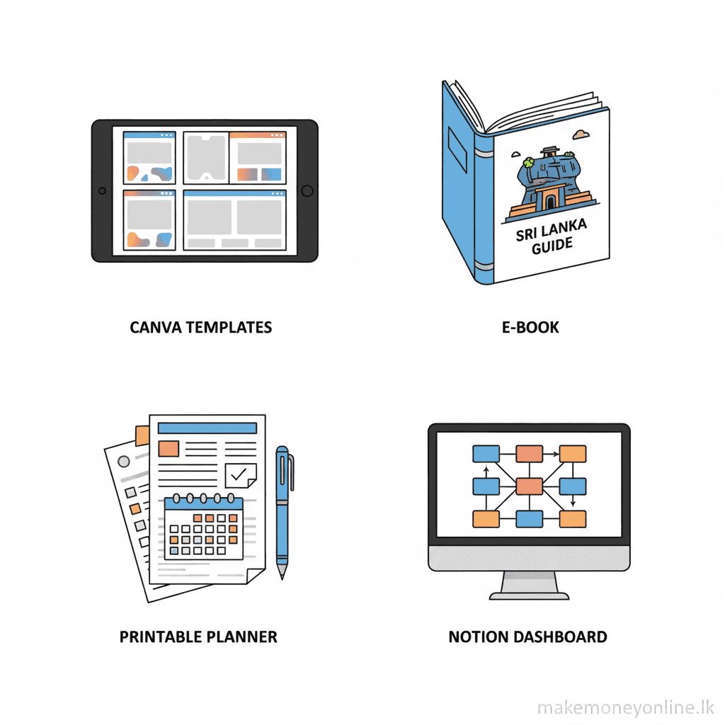 Selling Digital Products in Sri Lanka: Earn LKR 80,000+ Monthly (2026 Guide) Types of digital products Sri Lankan sellers can create including Canva templates, e-books, printables, and Notion templates
