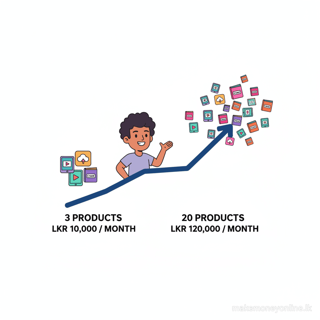 Selling Digital Products in Sri Lanka: Earn LKR 80,000+ Monthly (2026 Guide) Digital products income potential in Sri Lanka showing product count to monthly LKR income growth chart