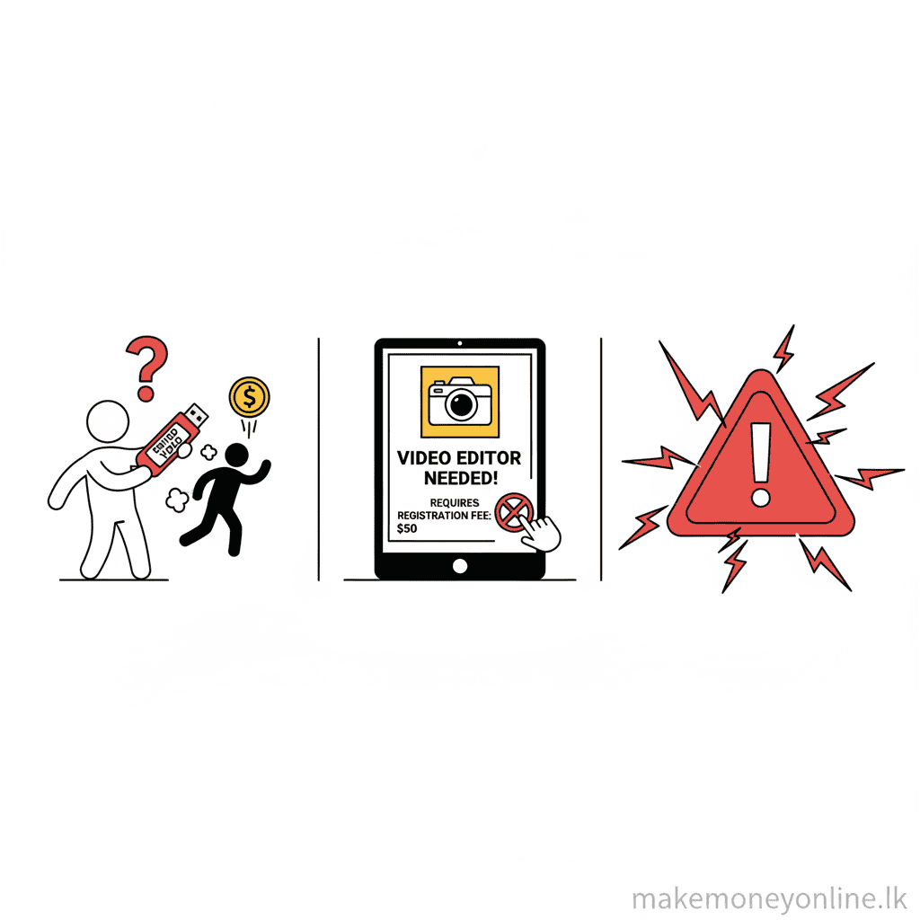 Video Editing in Sri Lanka: Earn LKR 80,000+ Monthly (2026 Guide) Video editing scam warning signs including clients who disappear after receiving work and fake job advertisements requiring payment